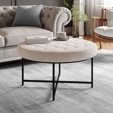 Flash Furniture Ashton 34 Round Cotton Linen Tufted Ottoman with Metal Frame, Beige Cotton Linen/Black Frame WX-TY-104-BGE-LN-BLK-GG